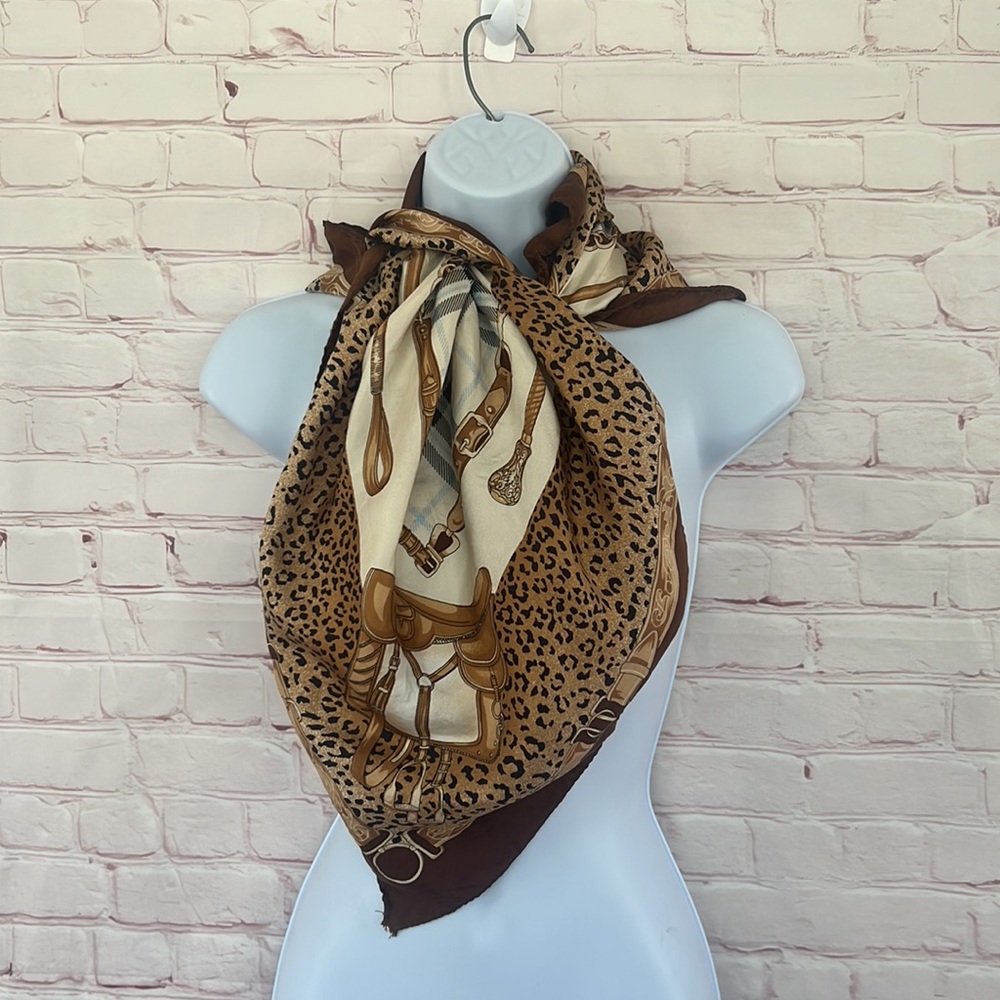 Vintage BASLER SADDLE WESTERN BROWN scarf 34”X34”